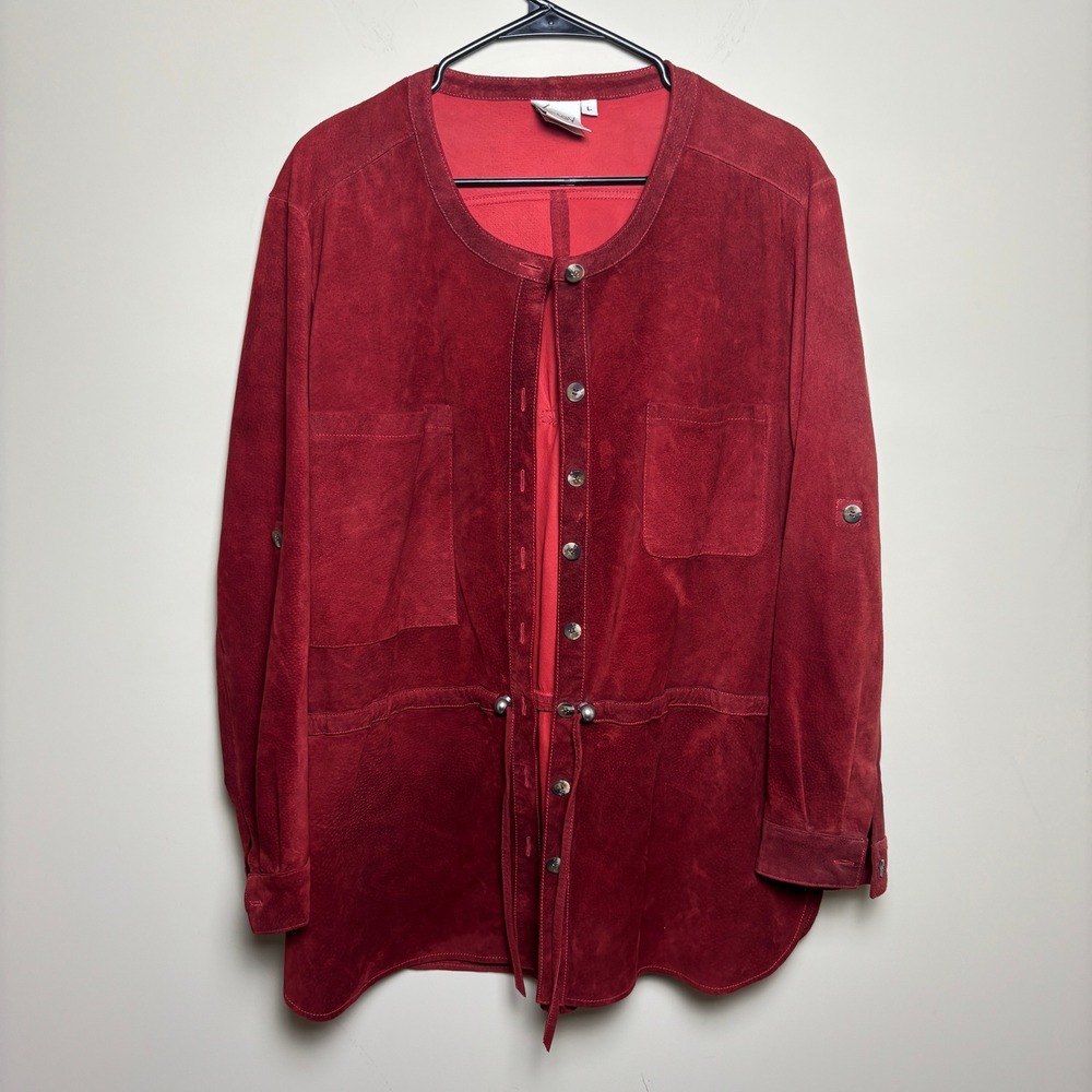 Finley Red Suede Leather Jacket Collarless Cinch Waist Shacket Cardigan Womens L